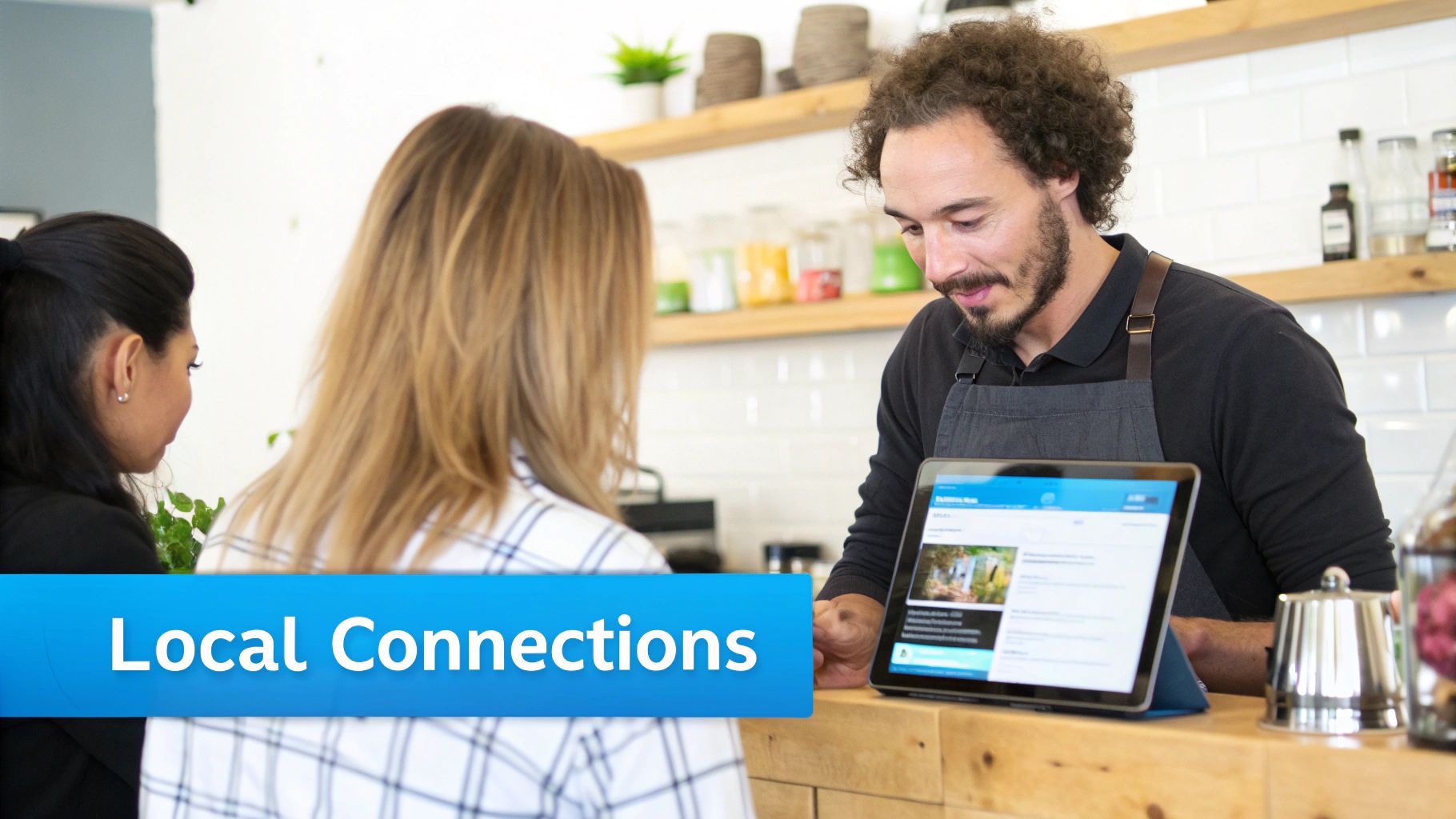 A friendly barista in an apron shows digital content on a tablet to two female customers in a cafe, emphasizing local connections.