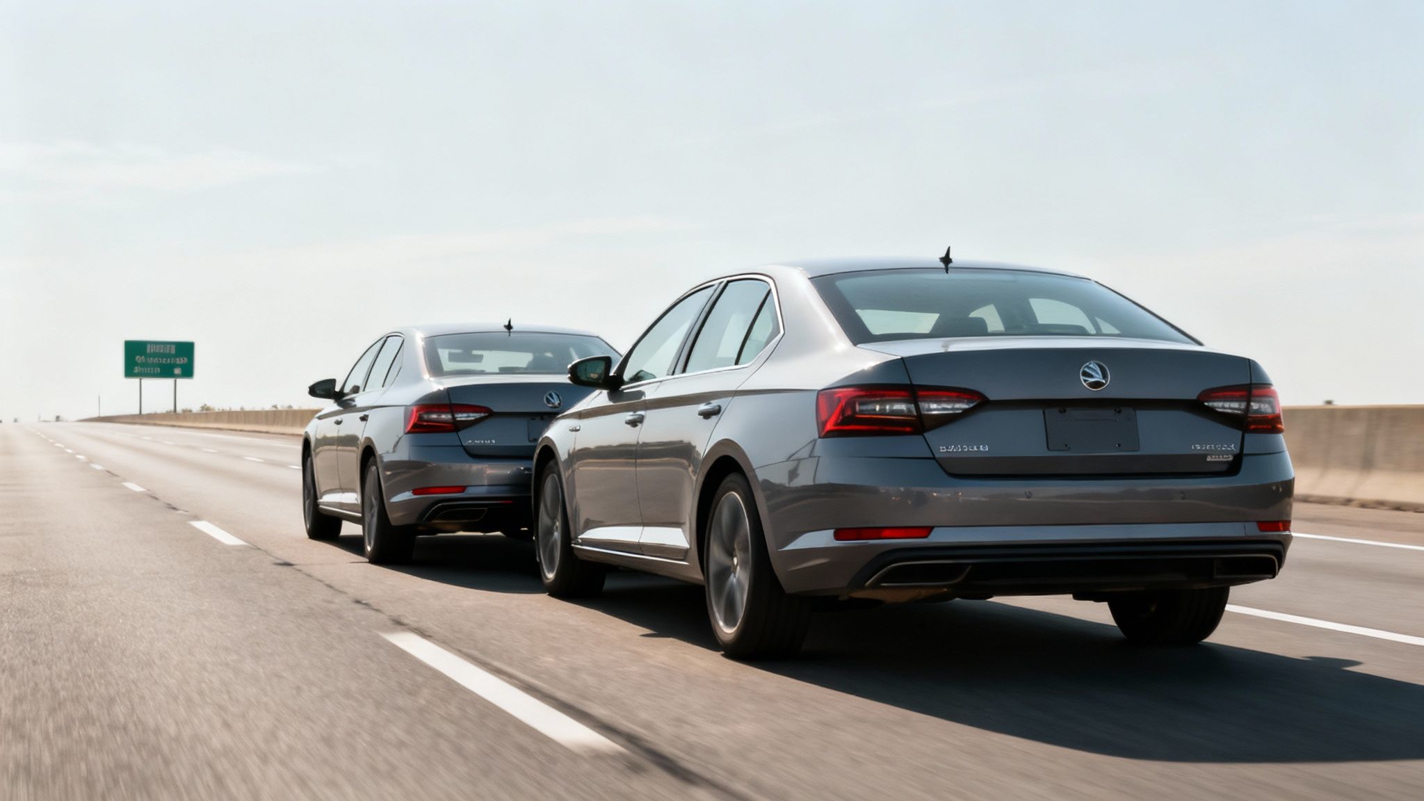 Two gray Skoda Superb cars driving closely on a multi-lane highway from the rear.