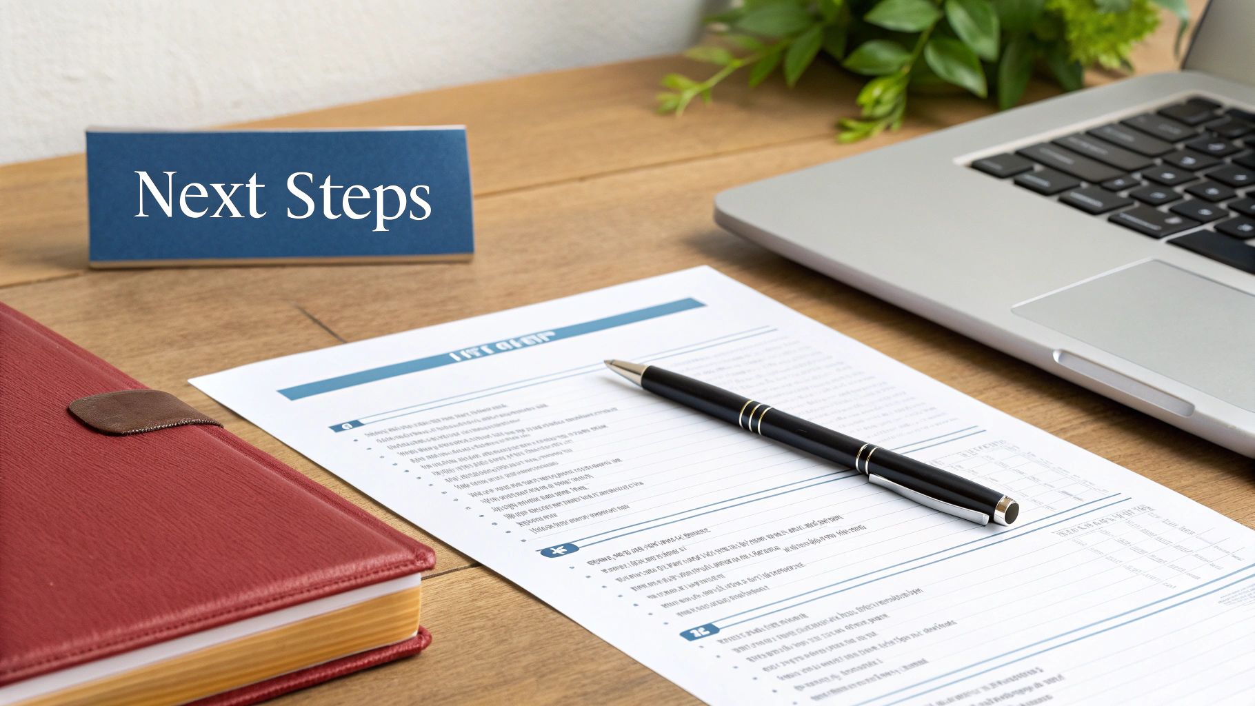 A wooden desk with a 'Next Steps' sign, document, pen, red notebook, and a laptop.