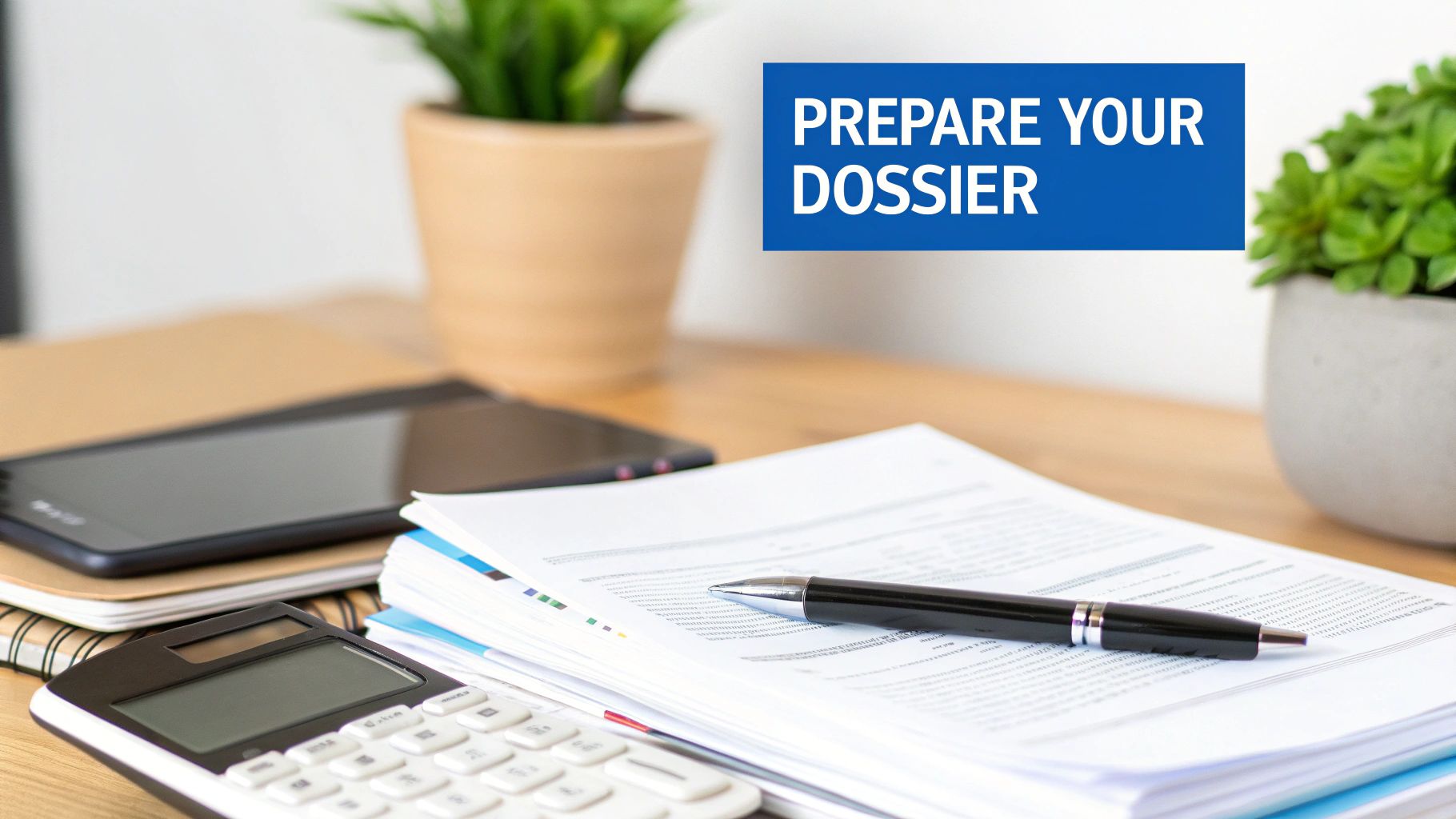 A desk with stacked documents, a pen, calculator, smartphone, and plants, with text 'PREPARE YOUR DOSSIER'.