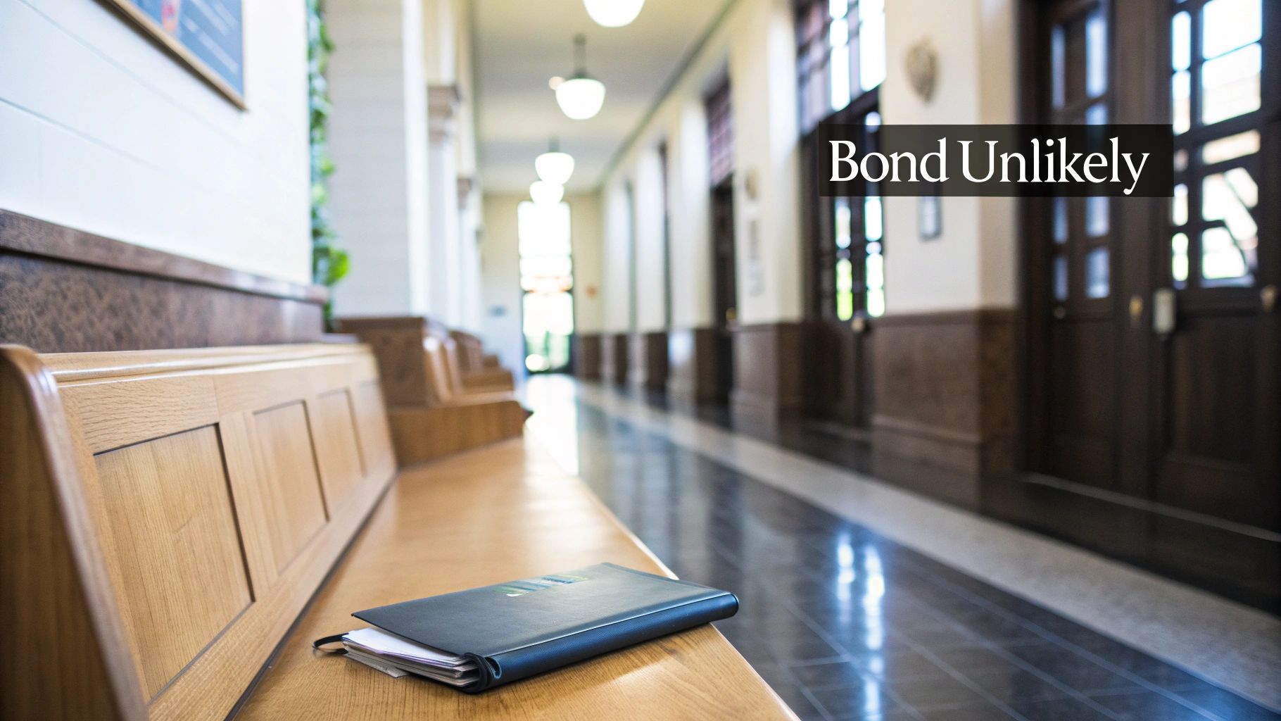 A long, empty courthouse hallway with light wooden benches and a notebook, text 'Bond Unlikely'.