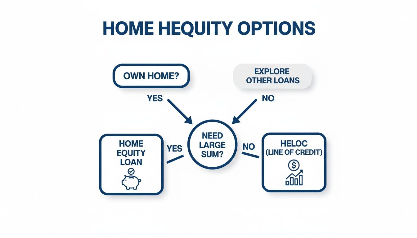 Flowchart illustrating home equity options based on home ownership and the need for a large sum.