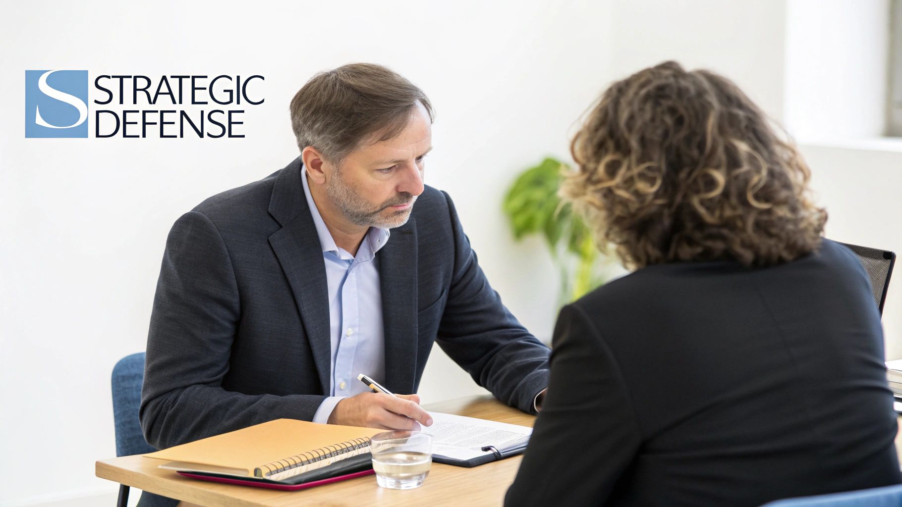 Man in suit discusses papers with a client at a Strategic Defense office.