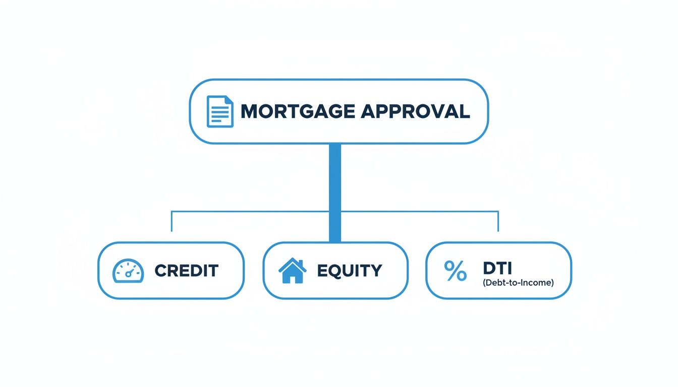 A diagram illustrating the key factors for mortgage approval: credit, equity, and debt-to-income ratio.