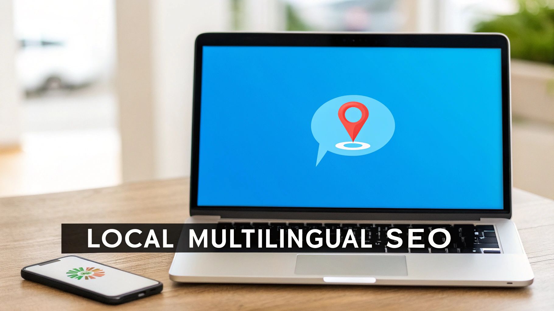 A laptop and smartphone on a desk illustrating local multilingual SEO with a map pin icon.