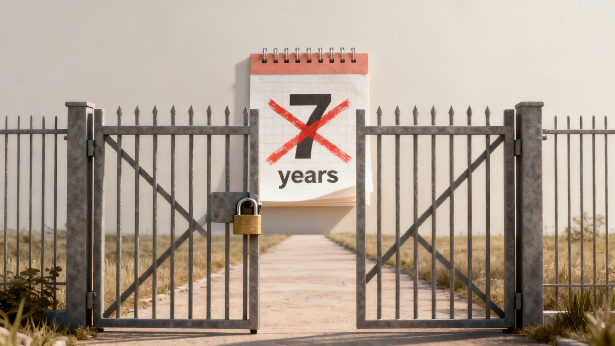 A metal gate with a padlock, partially open, revealing a calendar showing "7 years" crossed out with red X. A path leads forward.