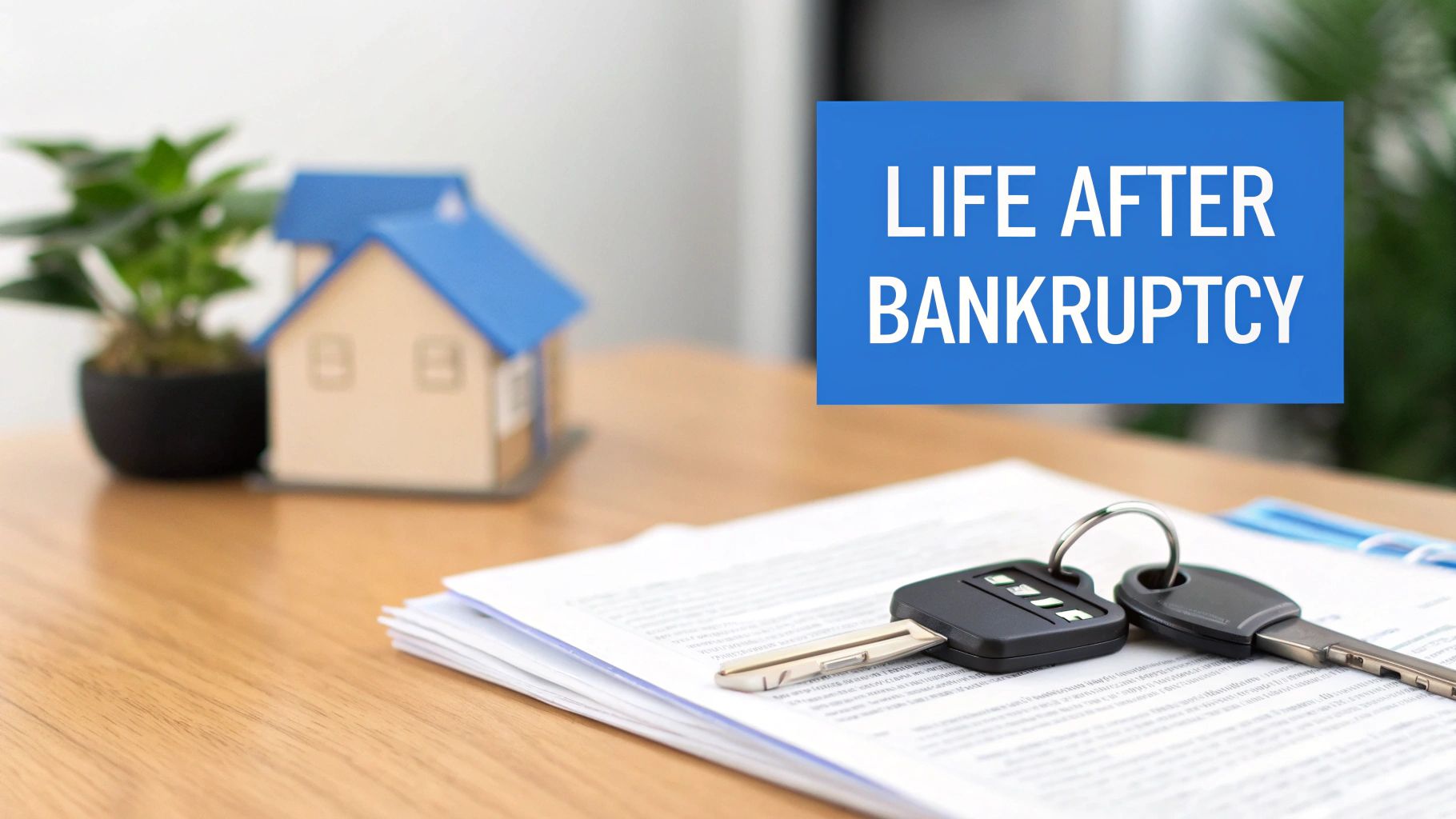 Car keys and documents on a table with a house model, overlayed with 'LIFE AFTER BANKRUPTCY' text.