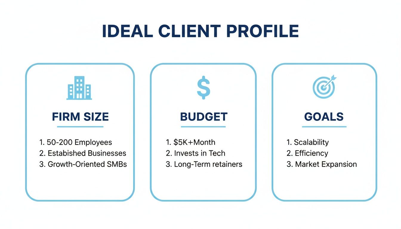 An infographic showing an ideal client profile with categories for firm size, budget, and goals.