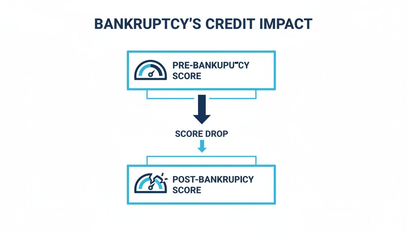 Diagram illustrating how bankruptcy impacts credit, showing a pre-bankruptcy score, a score drop, and a post-bankruptcy score.