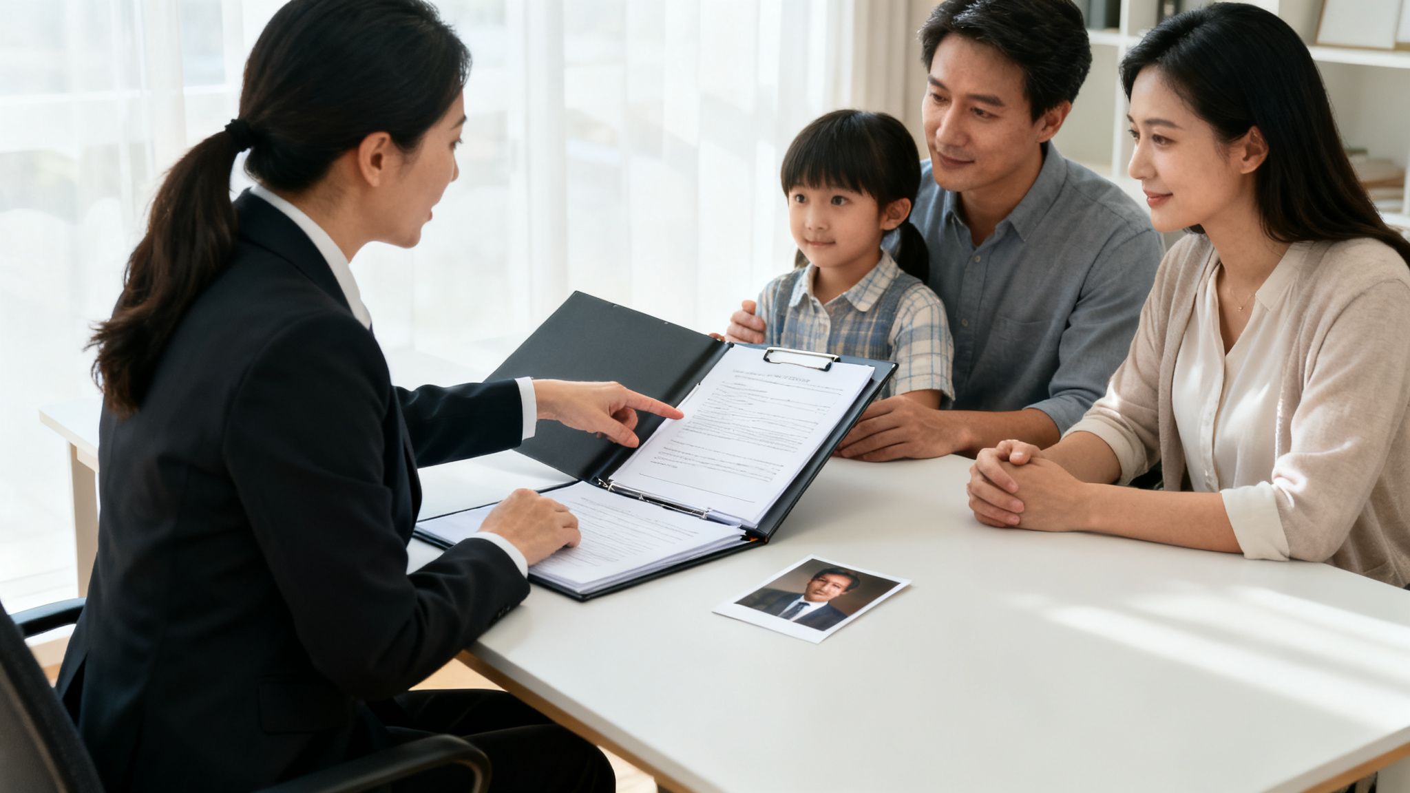 An insurance agent discusses legal documents with a family, including a father, mother, and child.