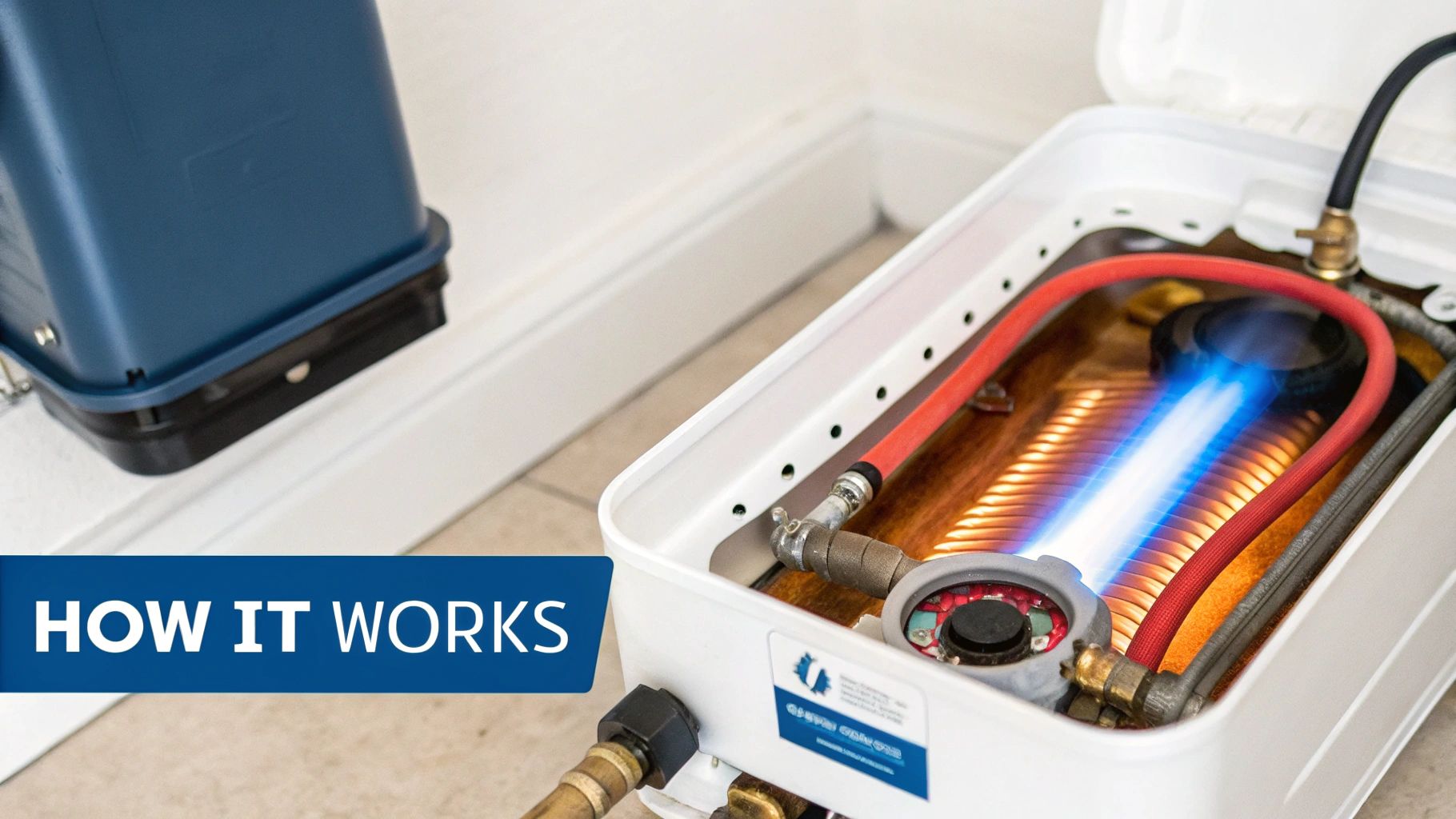 Inside view of a tankless water heater, showing the blue flame heating coils and pipes.