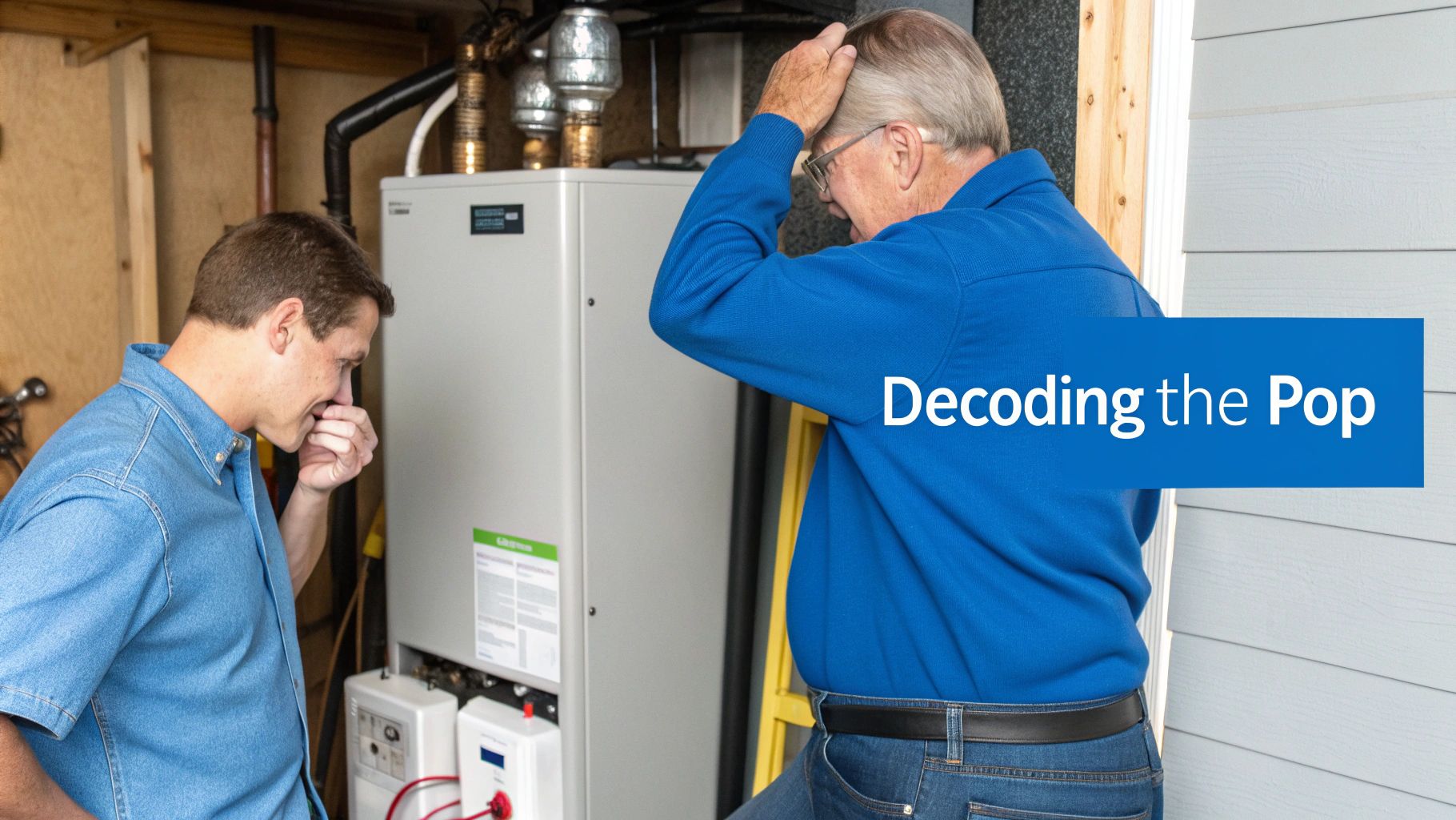 Two concerned men investigate a large home furnace, appearing to troubleshoot a problem.