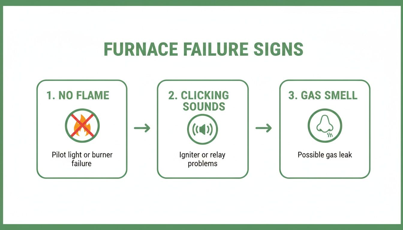 Infographic showing three furnace failure signs: no flame, clicking sounds, and gas smell.