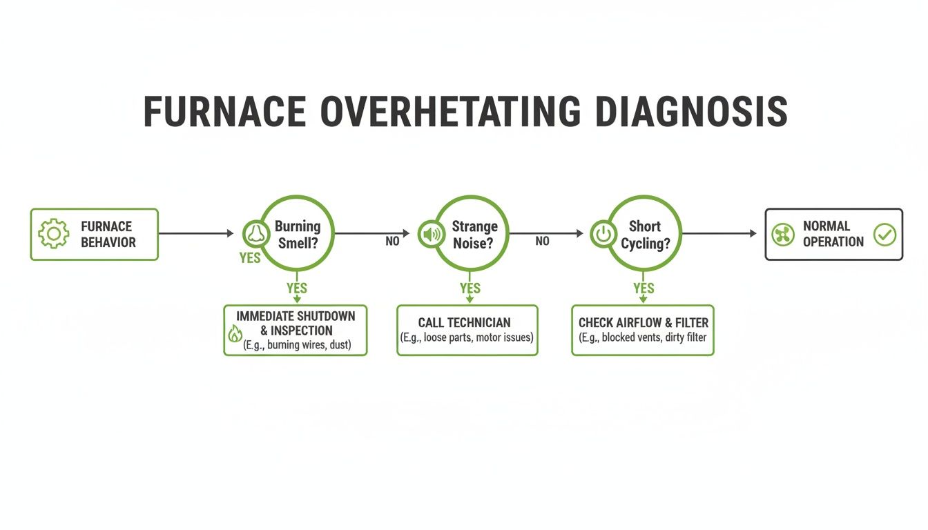 Flowchart diagram for diagnosing furnace overheating, guiding users through troubleshooting steps based on symptoms.