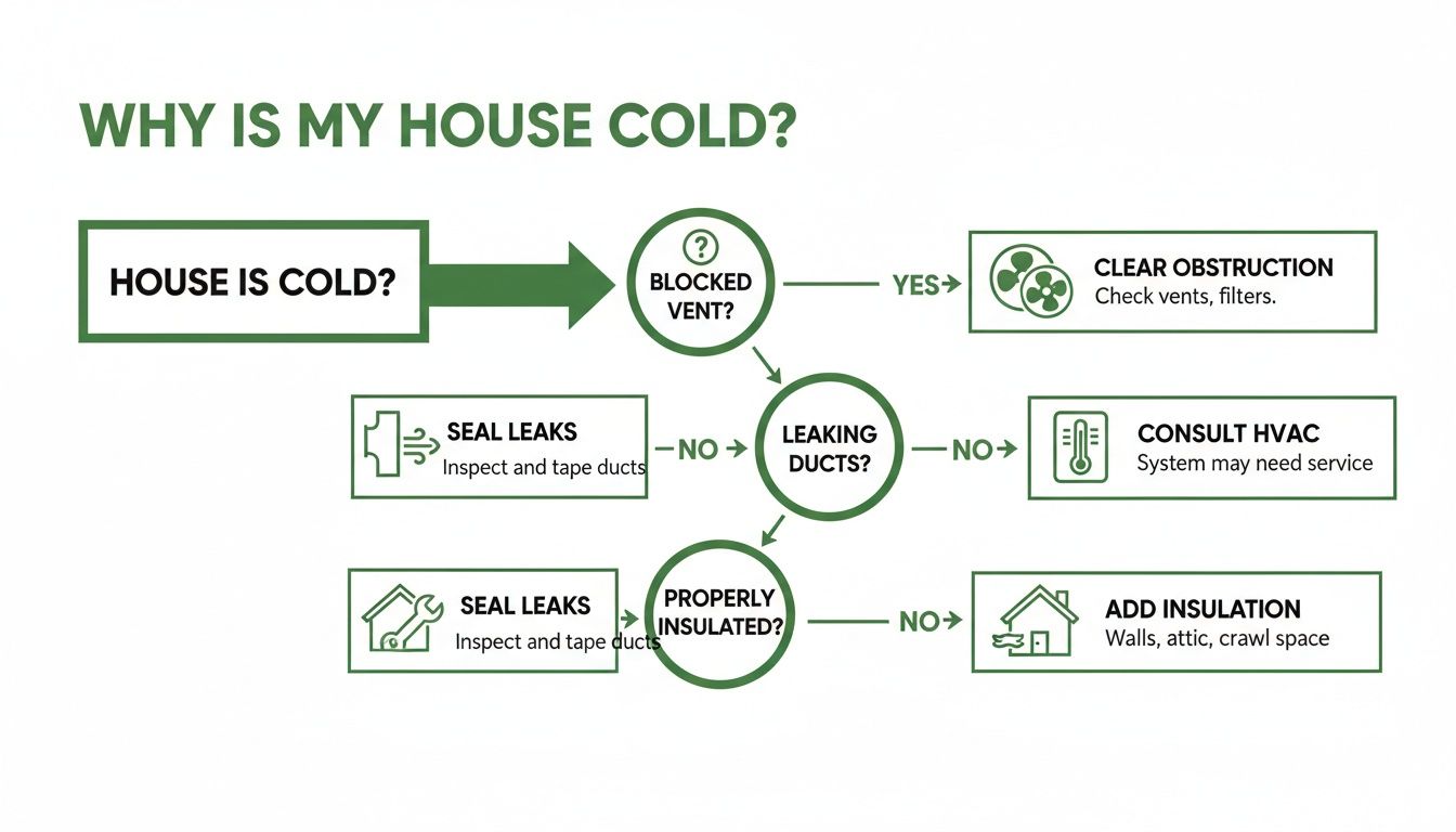 Flowchart diagnosing reasons for a cold house, checking vents, ducts, and insulation for solutions.