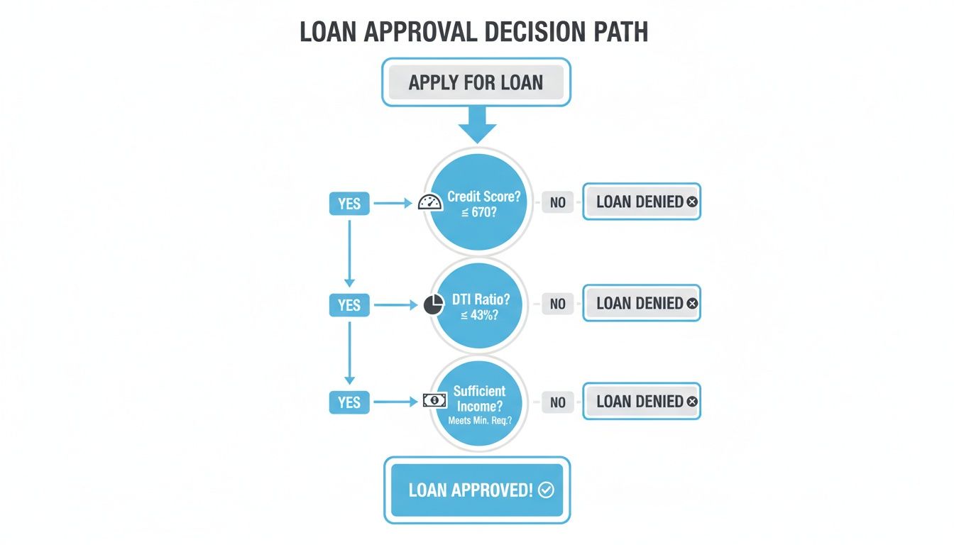 A flowchart illustrating the loan approval process, outlining checks for credit score, DTI, and income.