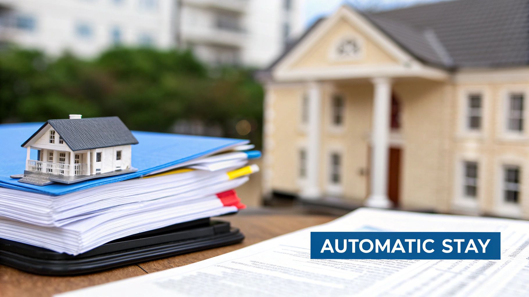A small model house sits on a stack of legal documents and blue folders with "AUTOMATIC STAY" text.