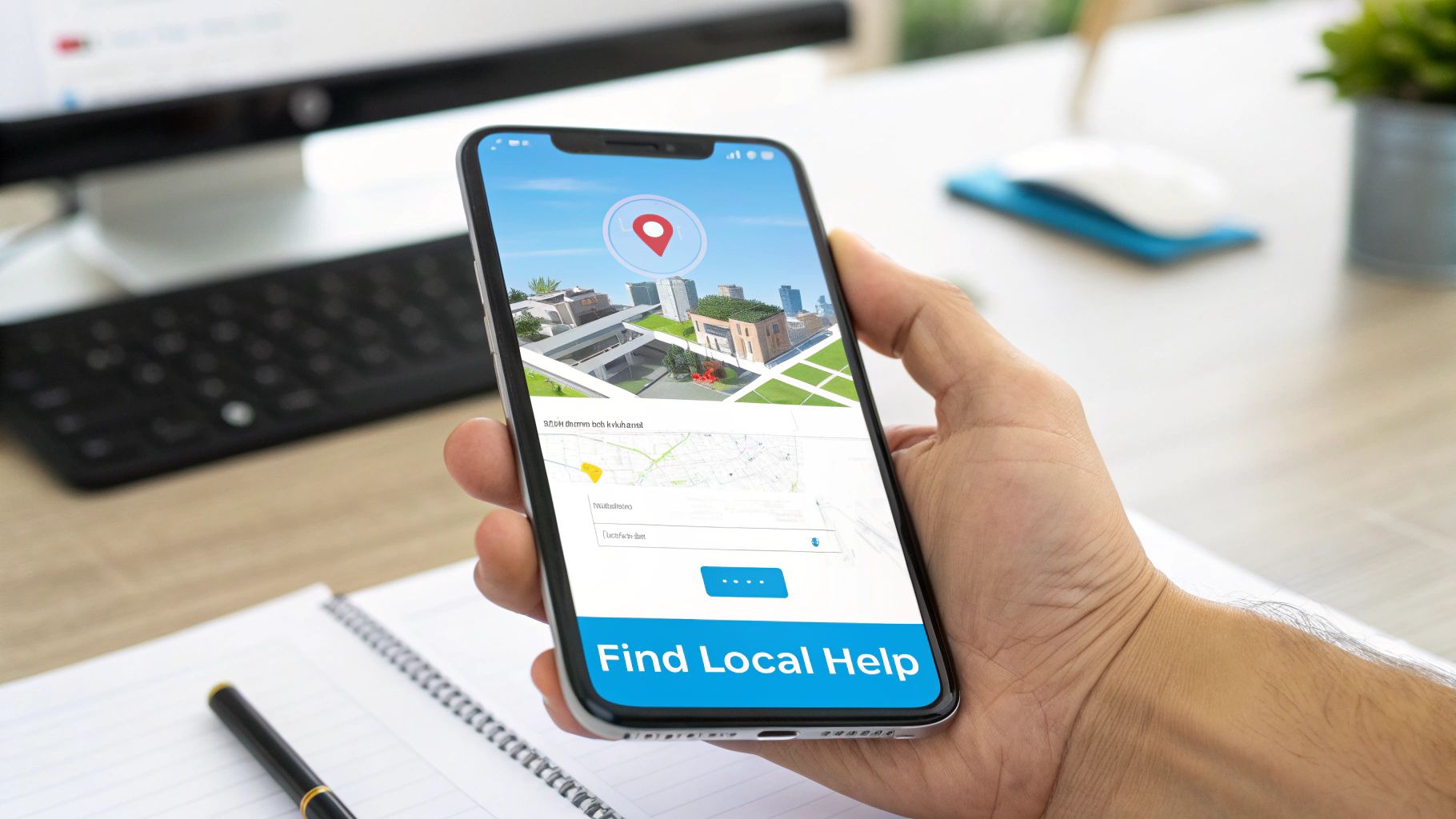 A person holds a smartphone displaying a 'Find Local Help' app with a map and cityscape.