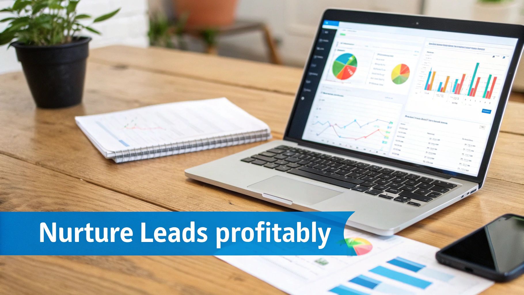 A laptop on a wooden desk displays business analytics charts, with a banner stating 'Nurture Leads profitably'.