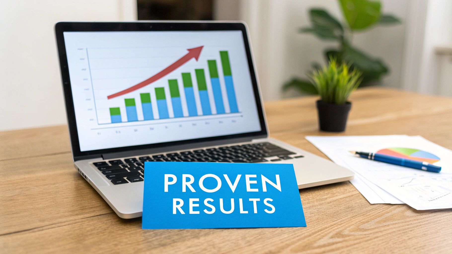 A laptop displaying a growth chart with an upward trend, next to a 'PROVEN RESULTS' sign.