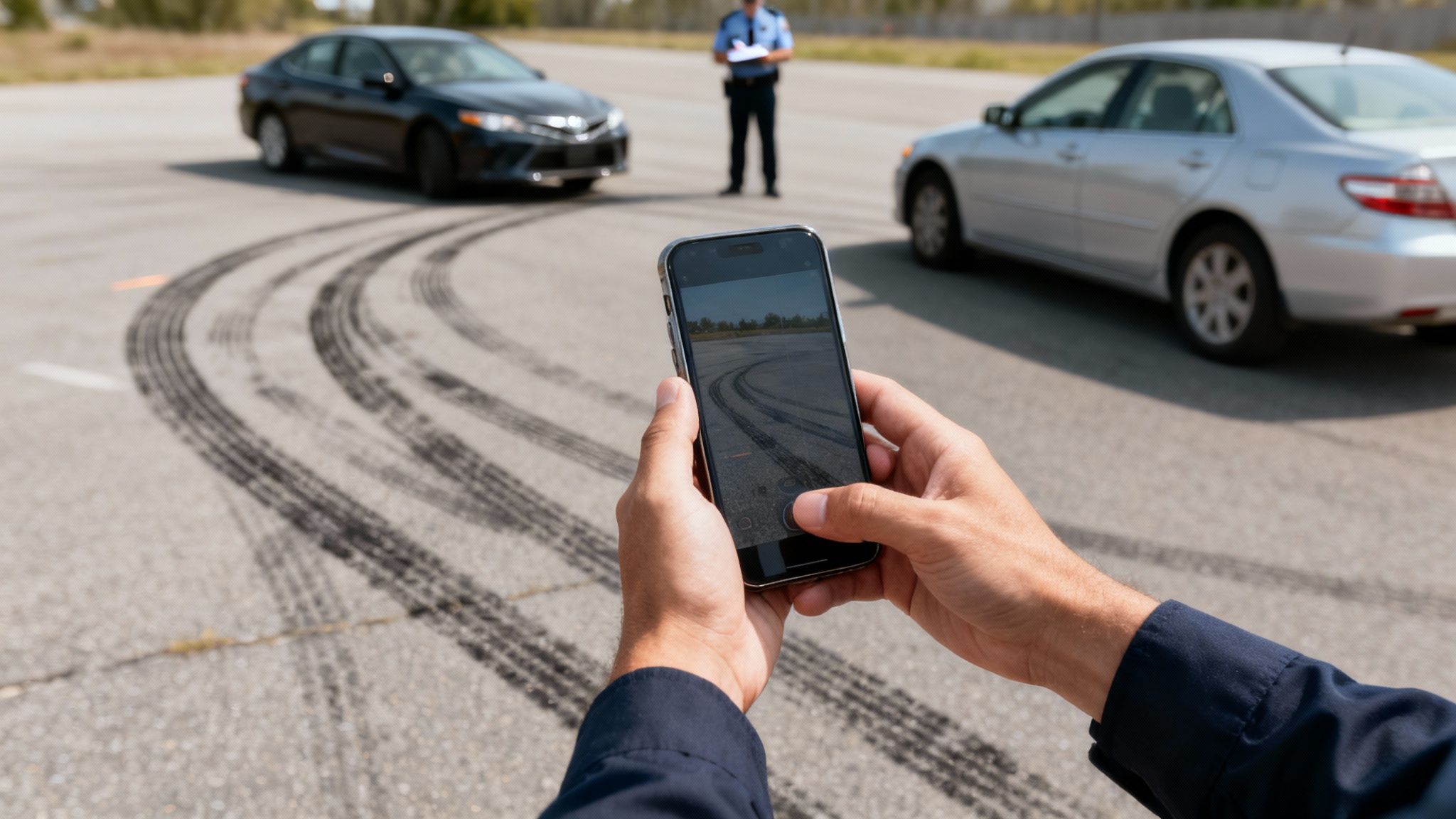 Person captures tire marks on asphalt with a smartphone, showing evidence at a car accident scene.