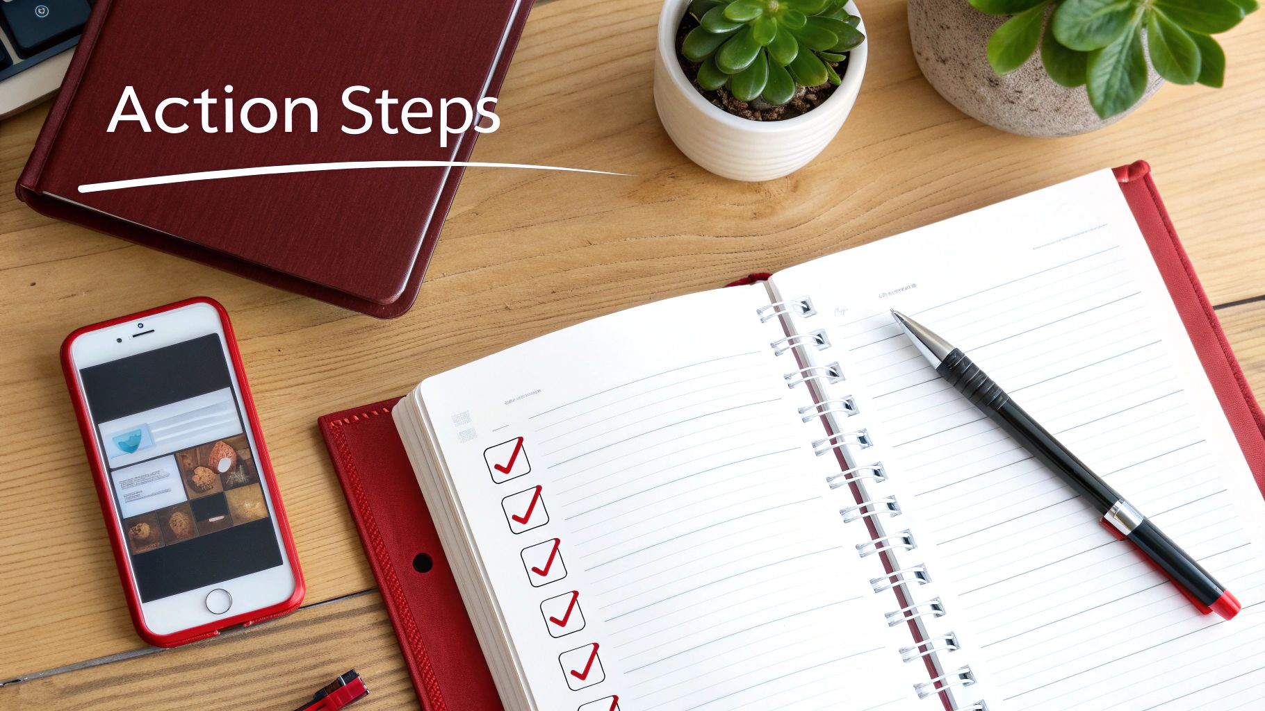 A notebook with red checkmarks on a checklist, a pen, and a phone, symbolizing action steps.