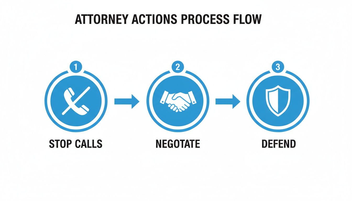 Attorney actions process flow showing three steps: Stop Calls, Negotiate, and Defend, with icons.