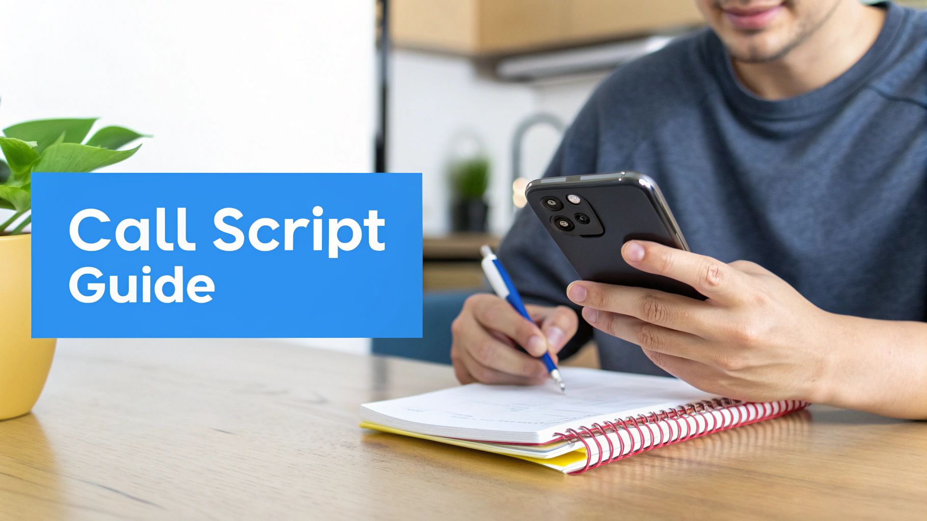 Person holding a smartphone and writing in a notebook with a 'Call Script Guide' overlay.