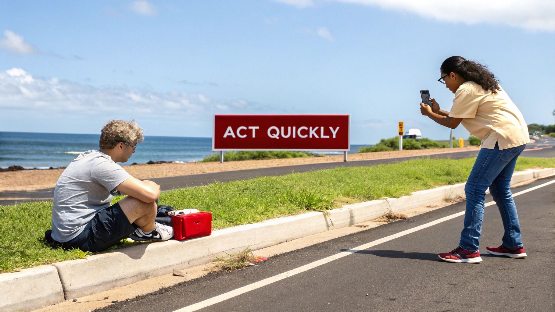 Two people by a coastal road with an 'ACT QUICKLY' sign. One sits, the other photographs.
