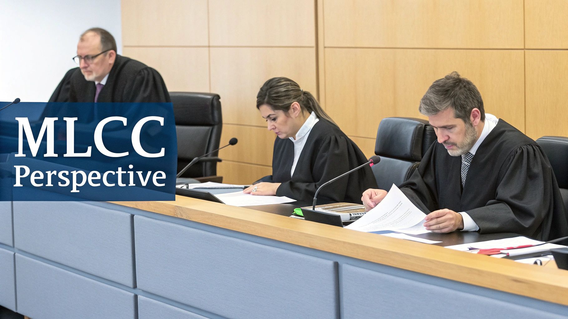 Three legal professionals in black robes reviewing documents at a table in a courtroom setting.
