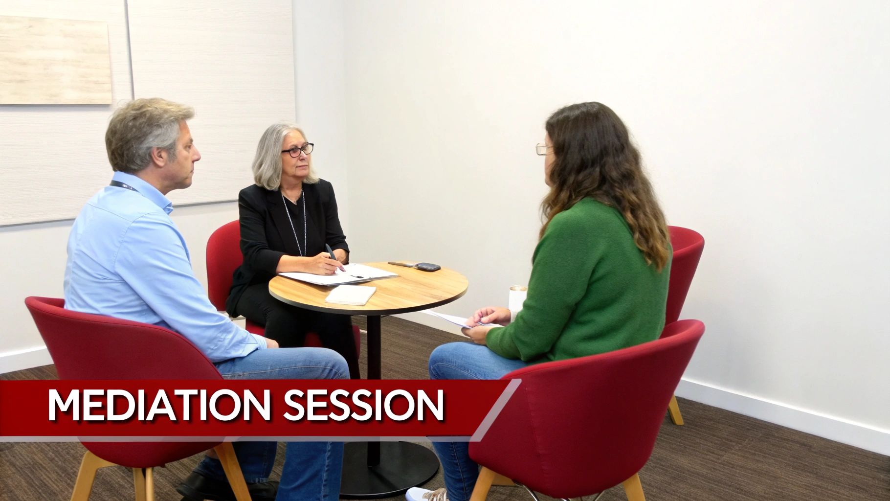 Three people sit around a table for a mediation session in a bright, modern room.