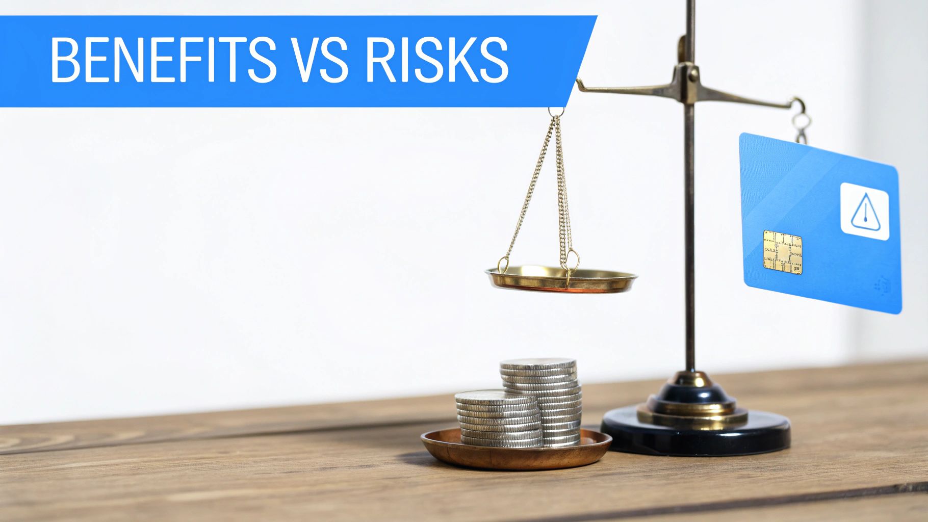 Balance scale comparing benefits (stacks of coins) with risks (credit card with warning icon).