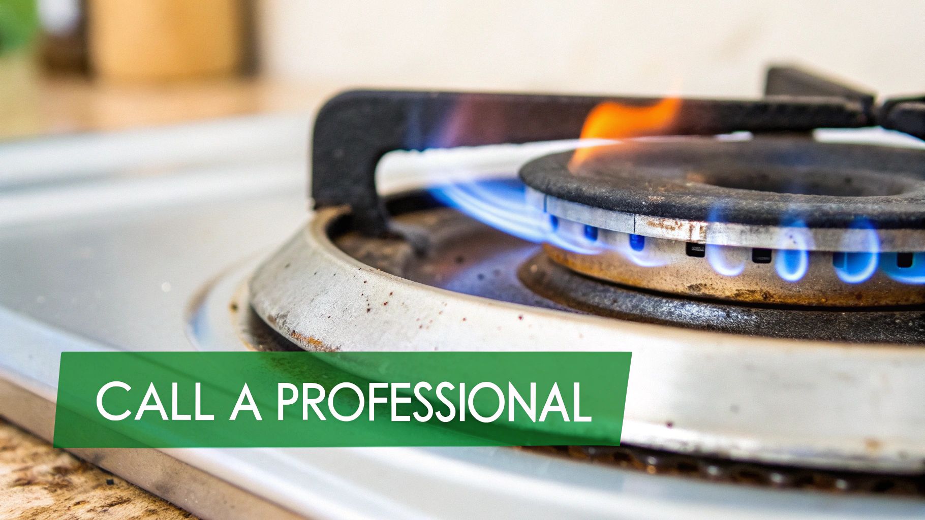Close-up of a gas stove burner with an orange and blue flame, indicating a potential issue, and a 'CALL A PROFESSIONAL' banner.