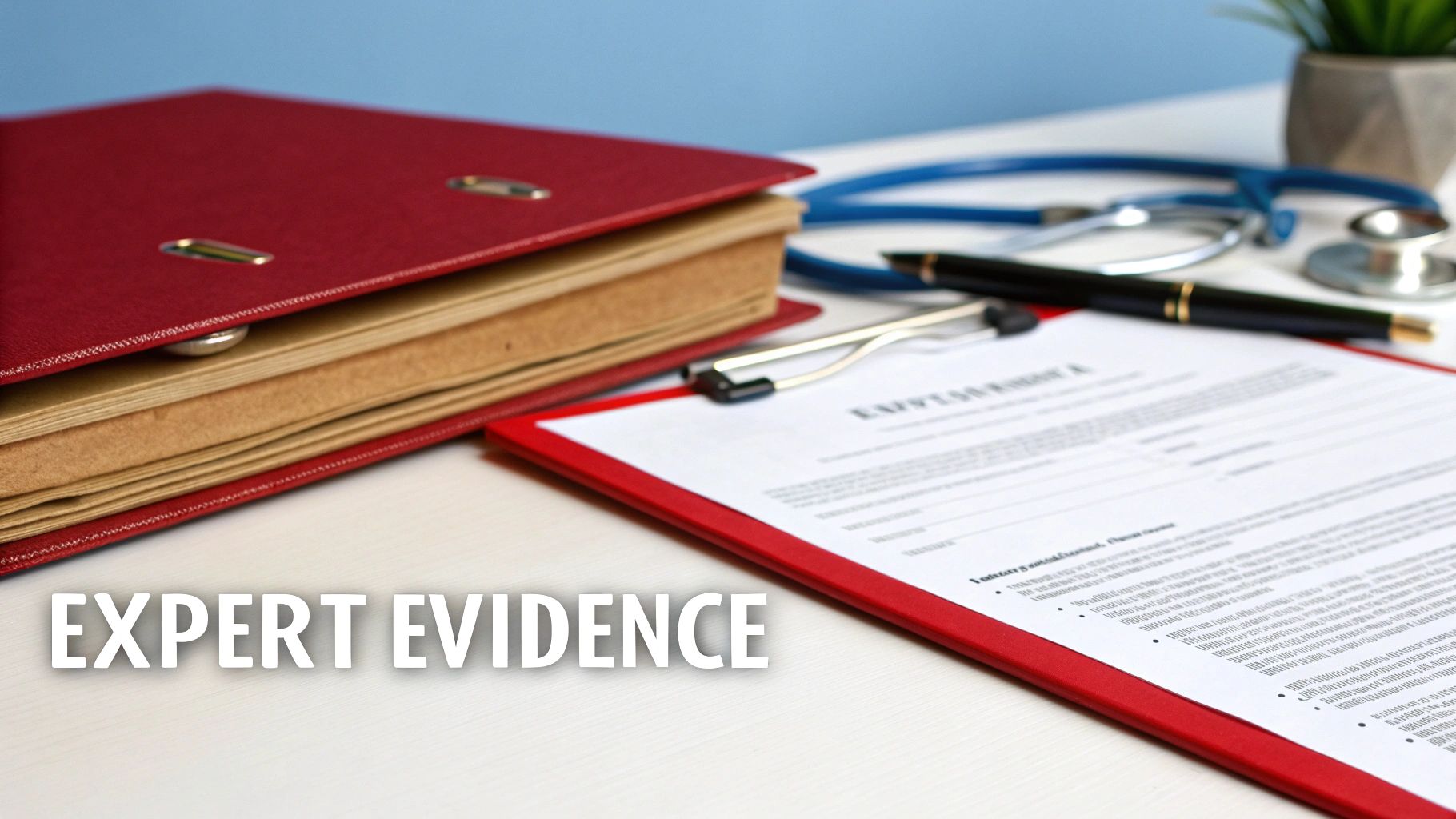 A desk with a red folder, medical reports, a stethoscope, and a pen, featuring 'EXPERT EVIDENCE'.