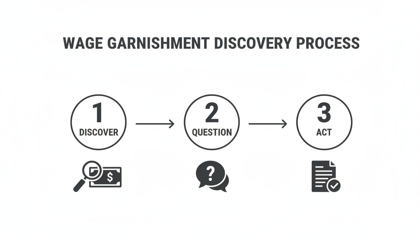 A three-step infographic detailing the wage garnishment discovery process: Discover, Question, Act.