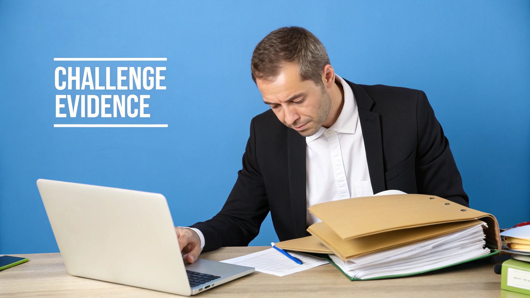 Un hombre de traje trabaja con una computadora portátil en un escritorio con carpetas, papeles y el texto "DESAFÍE LA EVIDENCIA".
