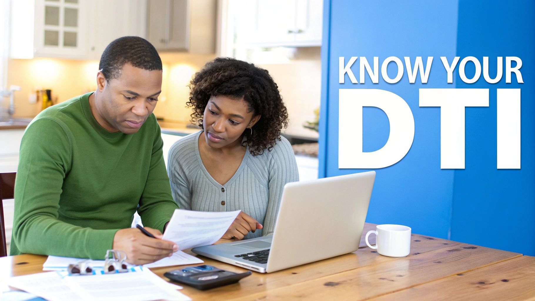 An African American couple calculating their debt-to-income ratio using papers and a laptop.