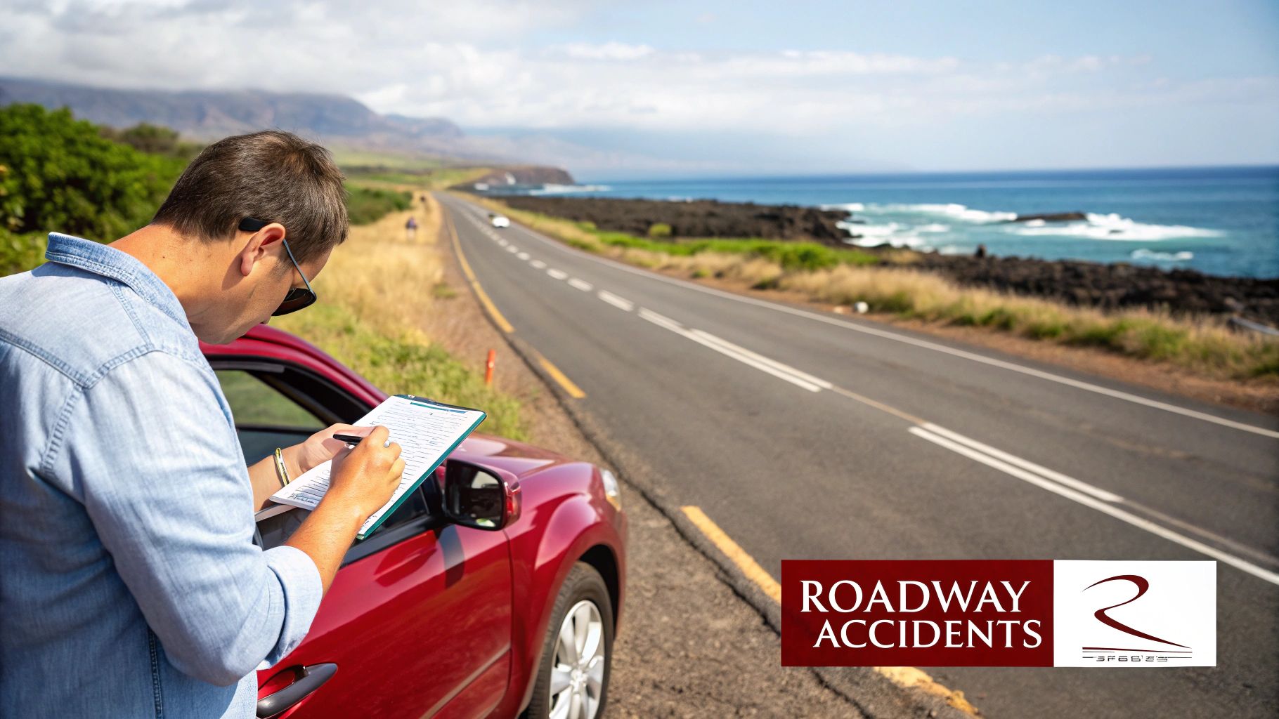 Man in sunglasses filling out a report next to a red car on a scenic coastal road.