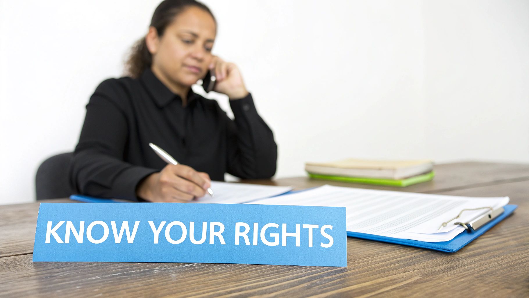 Una mujer habla por teléfono y escribe, detrás de un cartel que dice 'CONOZCA SUS DERECHOS' en un escritorio.