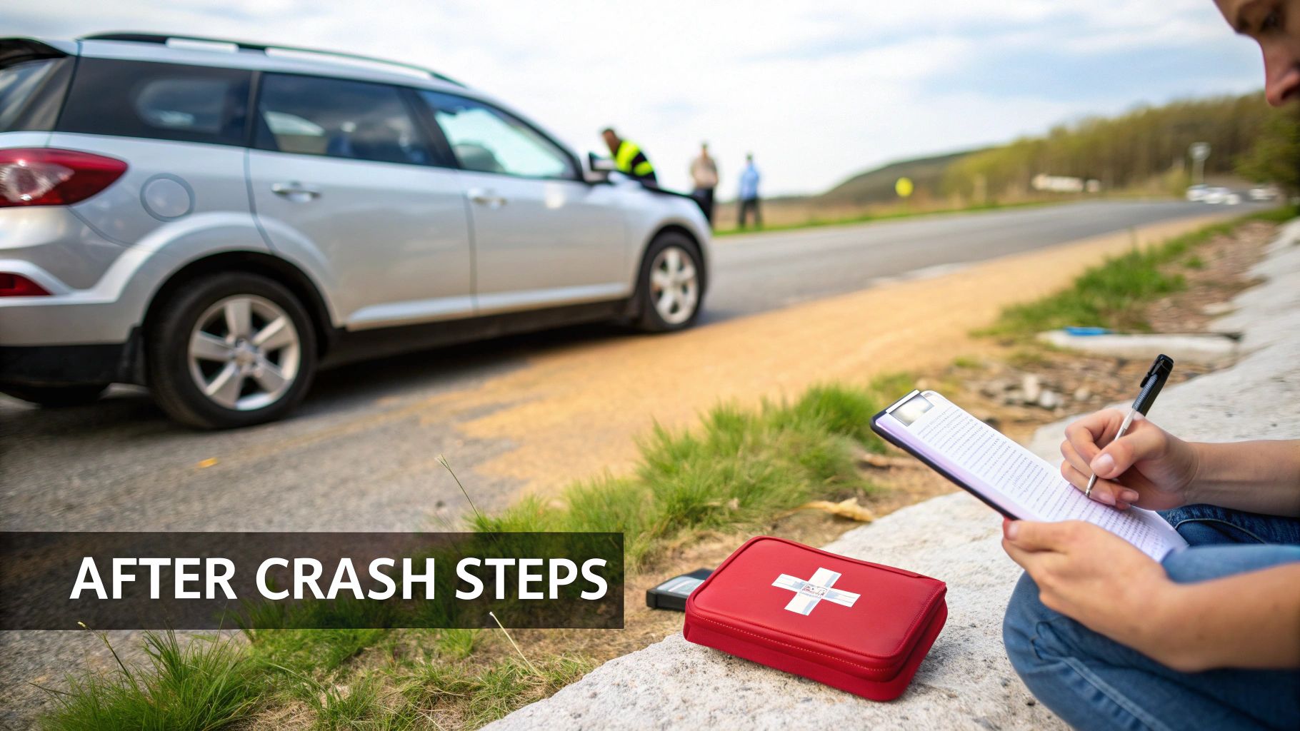 A person writing notes on a clipboard by the roadside after a car accident, with a first aid kit nearby.