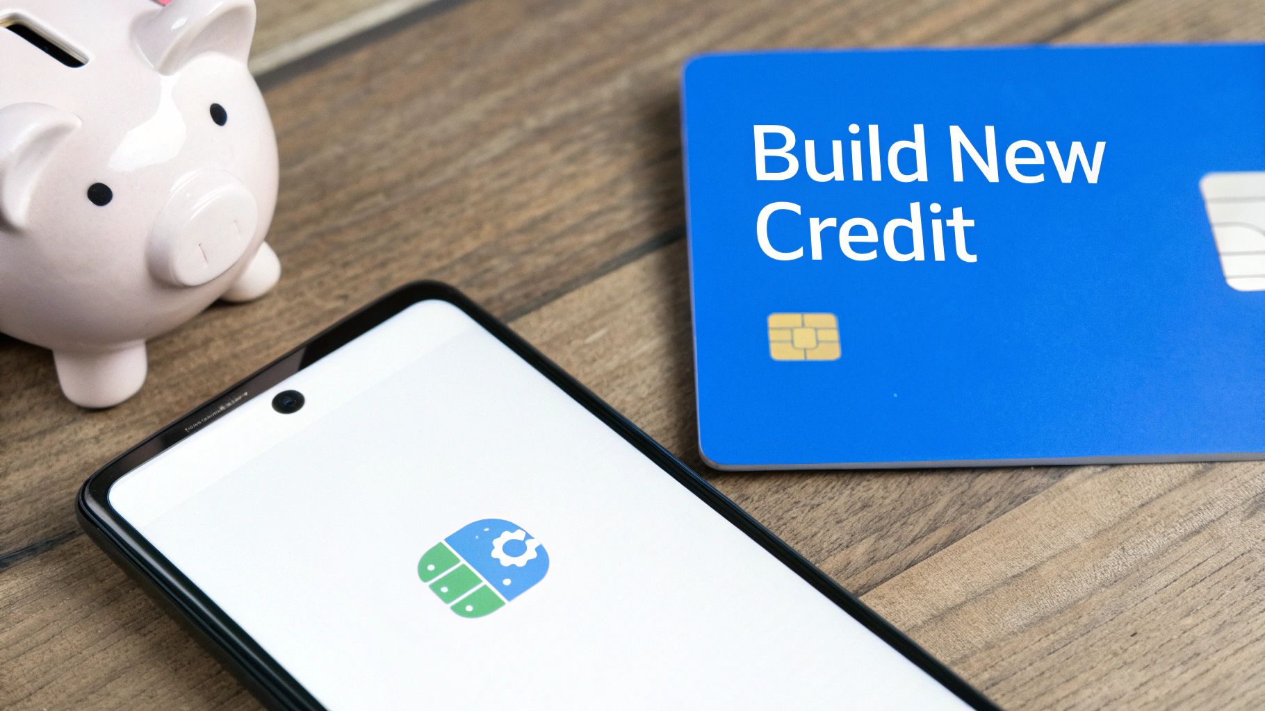A piggy bank, smartphone with an app, and a blue 'Build New Credit' card.