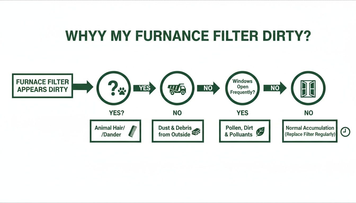 Flowchart explaining common reasons why a furnace filter appears dirty, including pets, dust, and pollen.