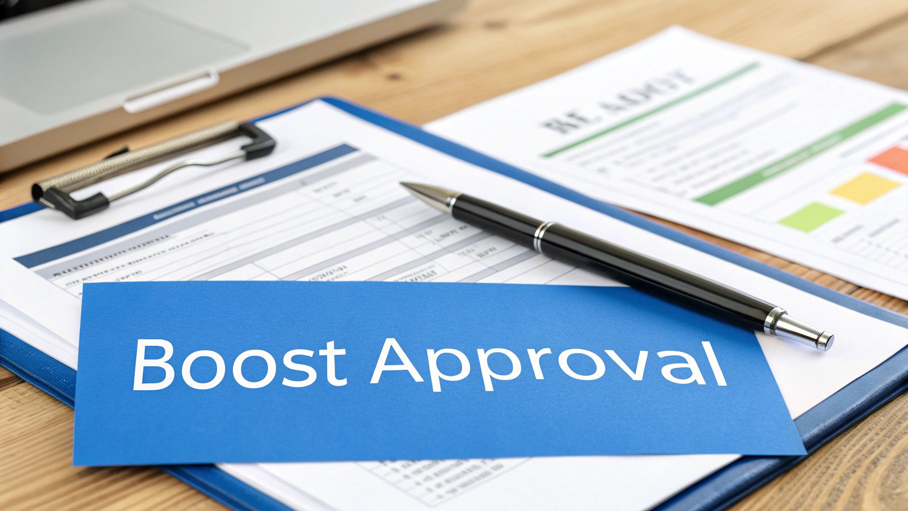 A pen rests on a clipboard with documents and a blue card saying "Boost Approval" on a desk.
