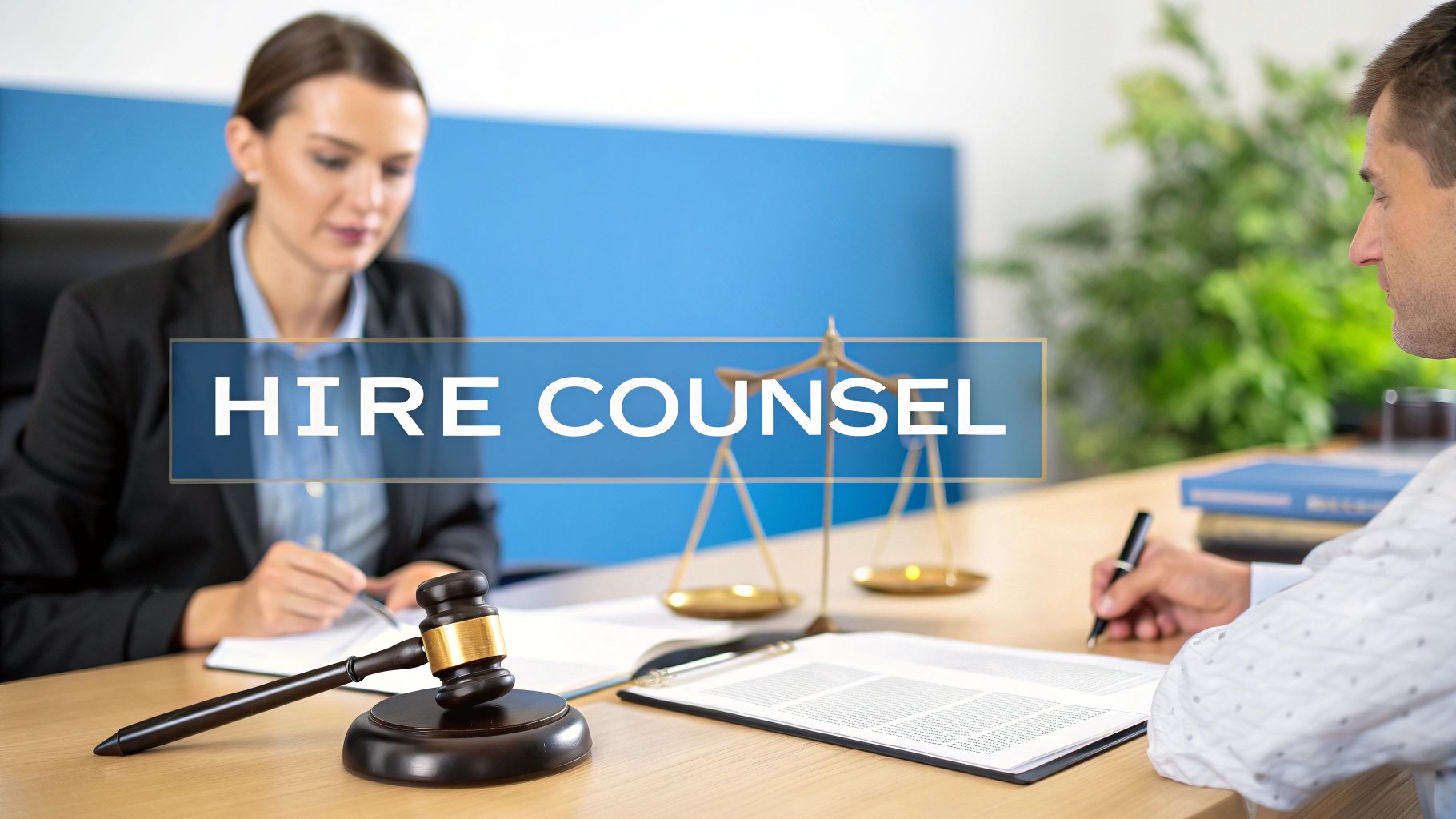 Un abogado y un cliente en un escritorio con un mazo y una balanza de la justicia, mostrando 'CONTRATAR ABOGADO'.