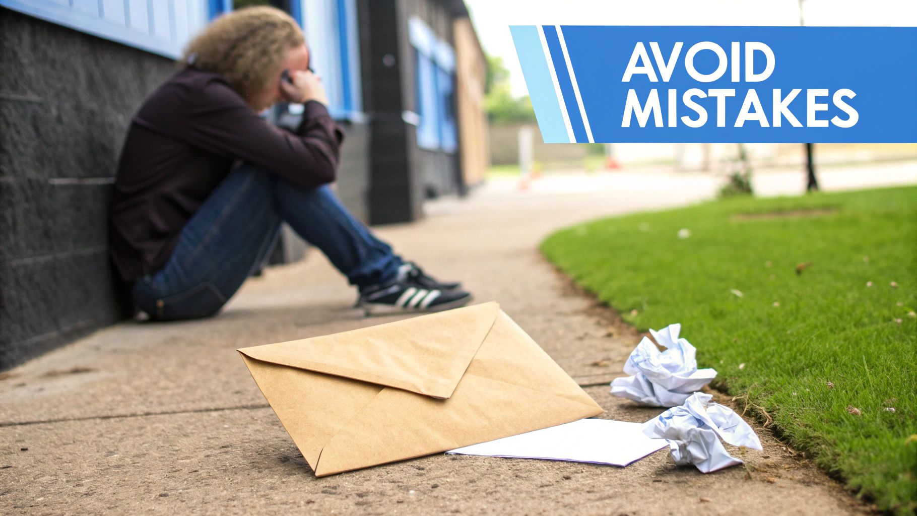 A person sits distressed on a sidewalk with crumpled papers and an envelope, emphasizing 'avoid mistakes'.