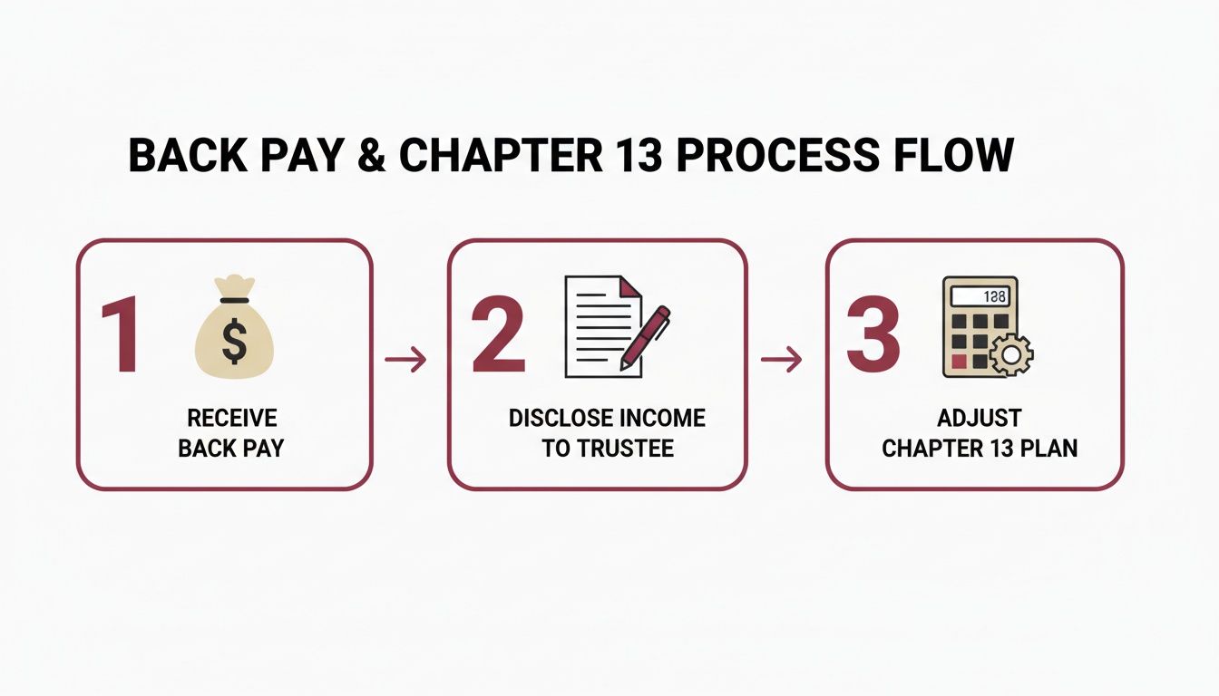 A three-step process flow showing how to handle back pay in a Chapter 13 plan.