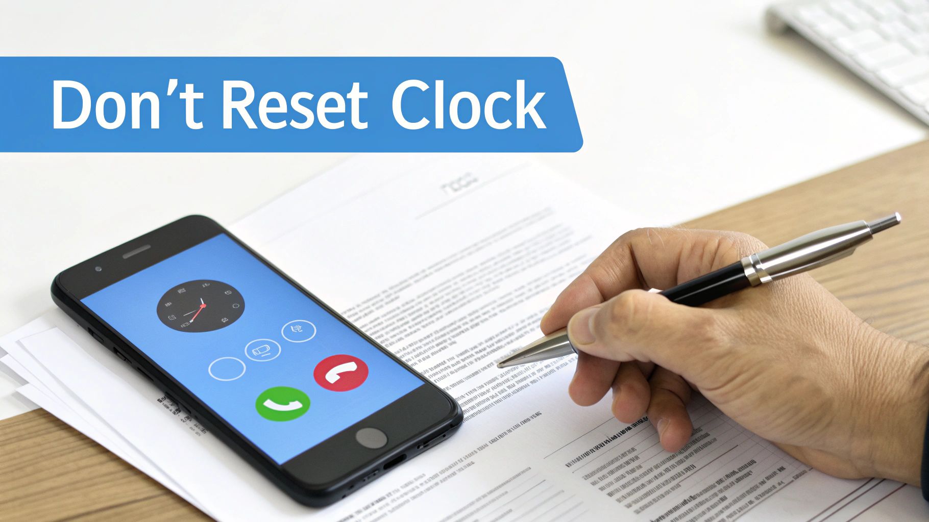 Hand writing on documents next to a smartphone displaying a clock and call screen, with 'Don't Reset Clock' banner.