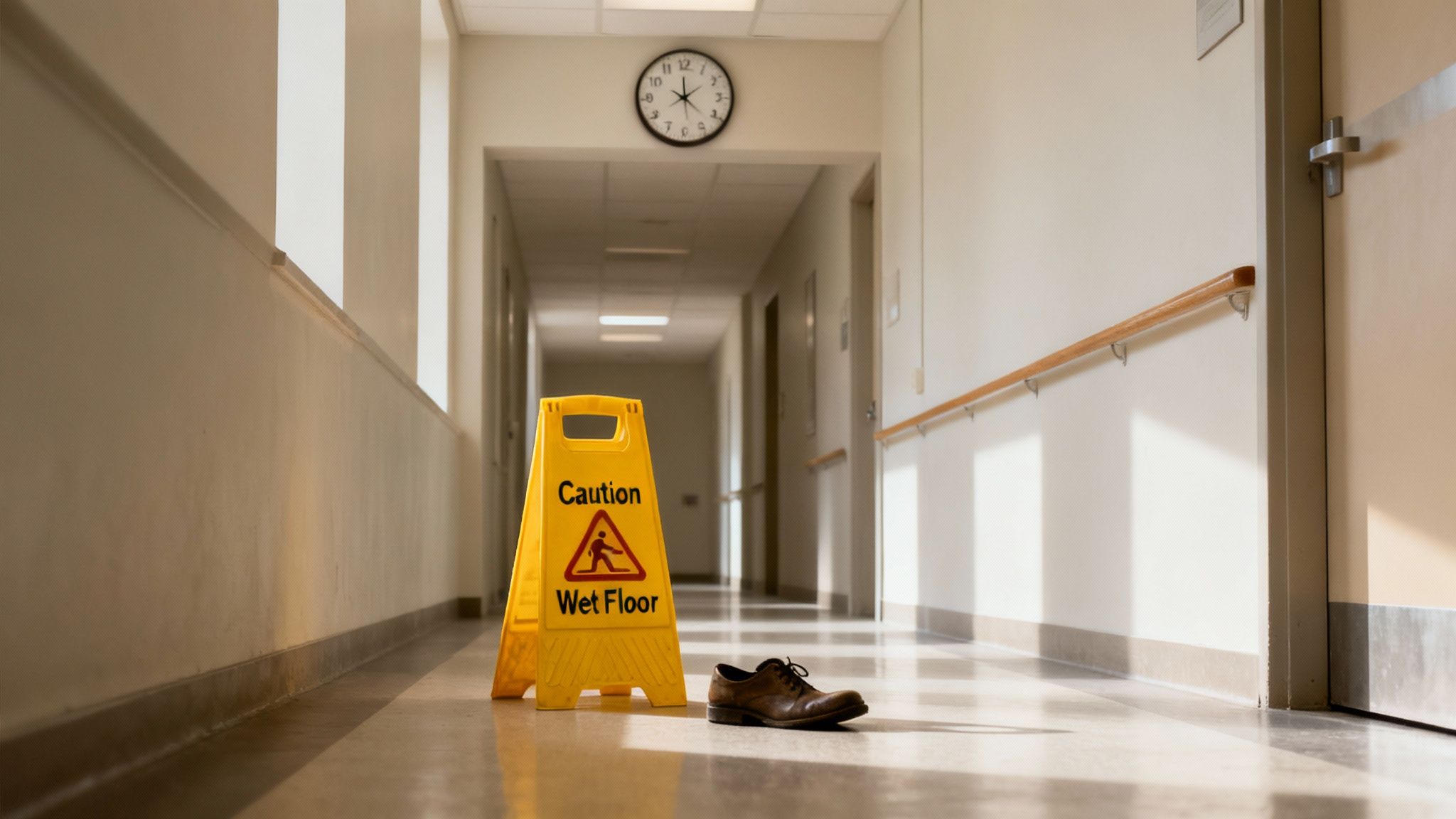A yellow 'Caution Wet Floor' sign stands in a bright hospital hallway next to a single brown shoe.