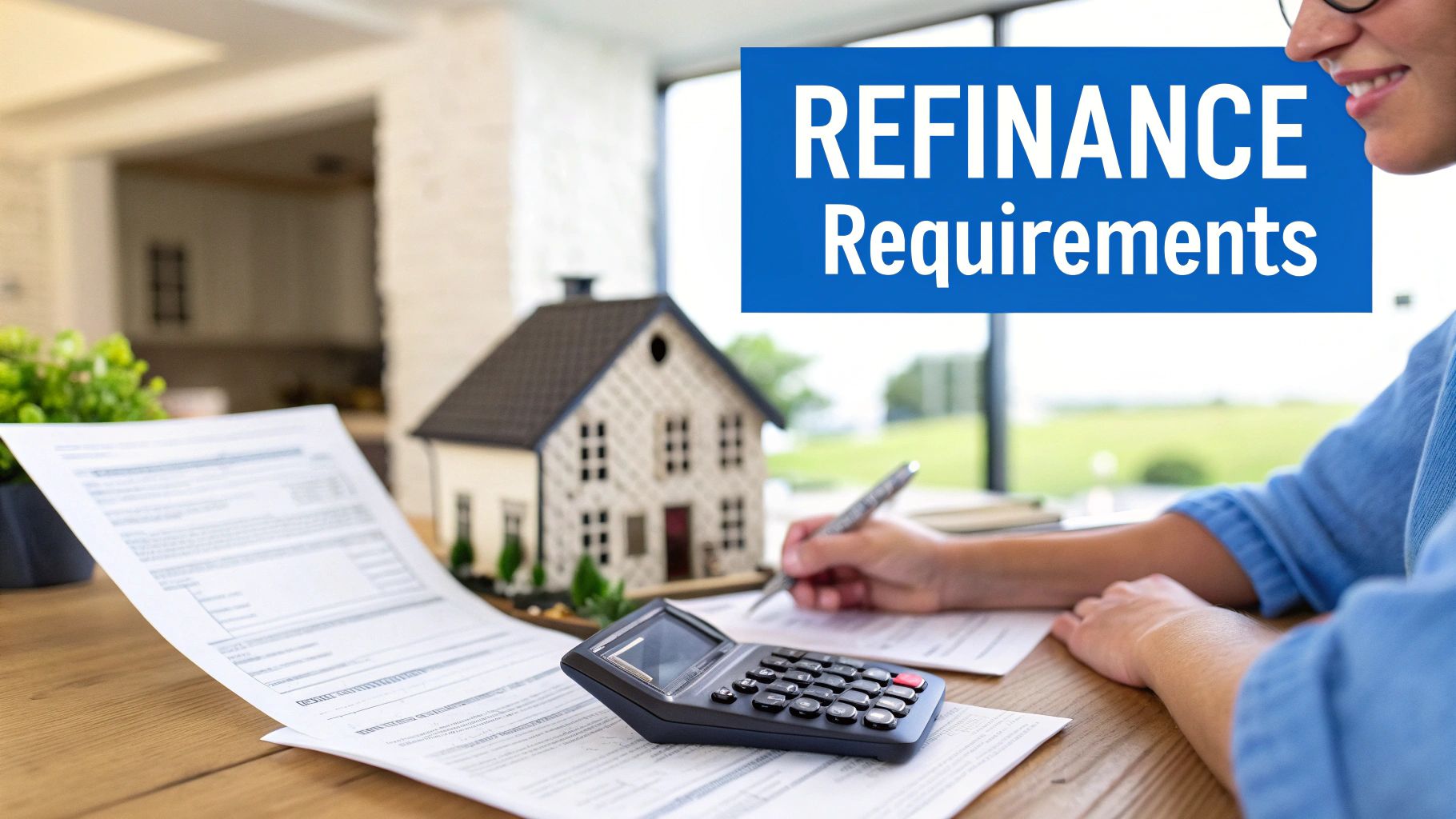 A person calculates refinance requirements for a house, writing on documents with a calculator.
