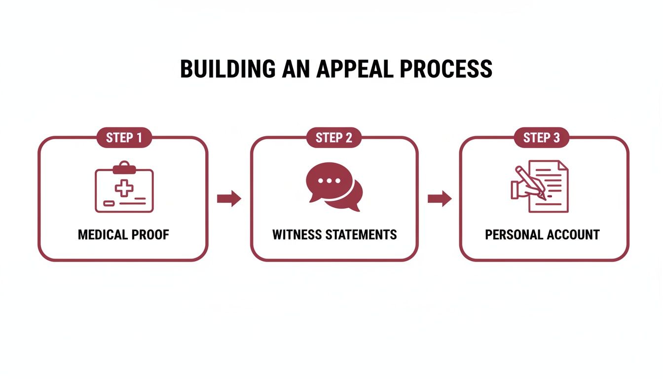 A three-step process for building an appeal, showing medical proof, witness statements, and a personal account.